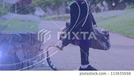 Image of scope and processing data over male athlete with running blade walking outdoors Image of scope and processing data over male athlete with running blade walking outdoors 113635698