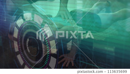 Image of scanner processing data over female athlete training with coach Image of scanner processing data over female athlete training with coach 113635699