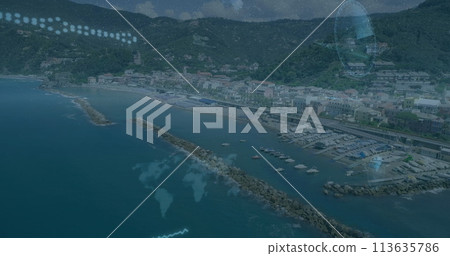 Image of data processing over aerial view of coastal city 113635786