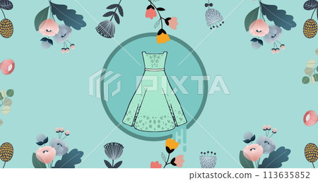 Image of sale text and dress icon on green background 113635852