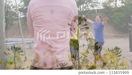 Image of plants over diverse women at obstacle course high fiving Image of plants over diverse women at obstacle course high fiving 113635909