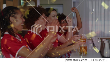 Image of confetti over happy diverse friends raising hands and drinking beer Image of confetti over happy diverse friends raising hands and drinking beer 113635939