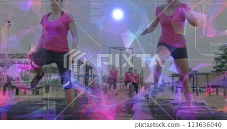 Image of shapes and data processing over diverse women at obstacle course running 113636040