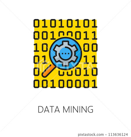 Artificial intelligence analysis, AI algorithm, machine learning data mining linear color icon. AI data analysis digital science line vector icon with binary code, cog wheel and magnifying glass Artificial intelligence analysis, AI algorithm, machine learning data mining linear color icon. AI data analysis digital science line vector icon with binary code, cog wheel and magnifying glass 113636124