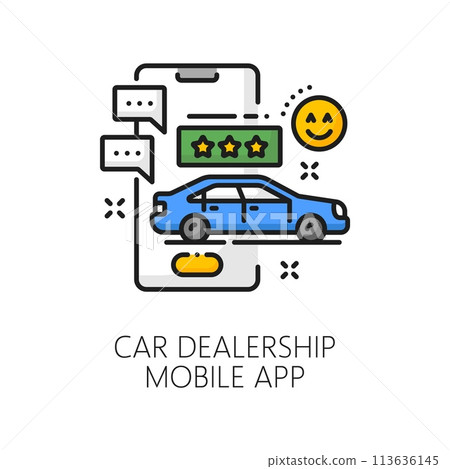 Auto dealer mobile app, car company, dealership line icon. Car distributor, auto dealer or automobile center smartphone application outline vector sign. Vehicle dealership linear pictogram or symbol 113636145