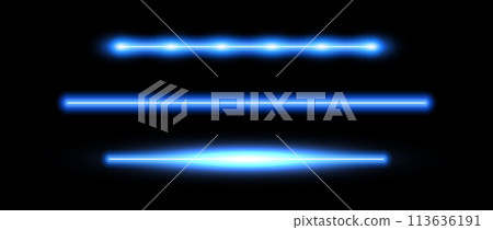 Blue neon tube lamp set. Glowing led light line beam collection. Bright luminous fluorescent bar stick lines. Shining cold color strip element pack to divide, separate, decorate. Vector illustration 113636191
