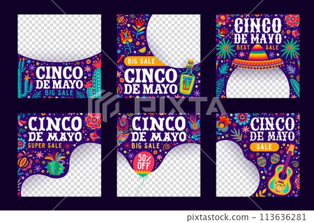 Cinco de mayo social media post templates. Mexican holiday vector square frames, capture the festive spirit, cultural pride and joy of Mexico with colorful alebrije style sombrero, guitar and flowers 113636281