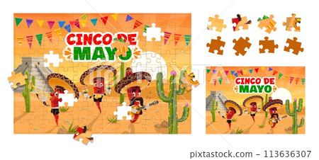 Jigsaw puzzle game pieces, cinco de mayo Mexican holiday pepper musician characters in desert. Cartoon educational boardgame, vector worksheet for preschool children with funny jalapeno mariachi band 113636307