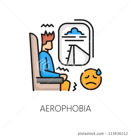 Human phobia, aerophobia psychology anxiety, mental problem line color icon. People psychology, mental disorder or phobia fear problem thin line vector symbol with man scared of airplane flights 113636312