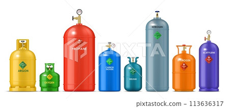 Realistic gas metal cylinders, tank bottles or containers of oxygen, propane and hydrogen, vector LPG canisters. Realistic barrels of compressed gas storage cylinders with argon, helium and nitrogen 113636317