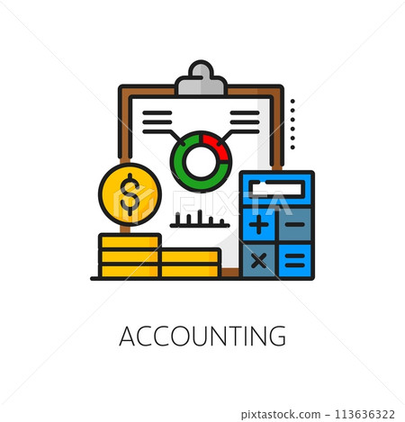 Color accounting line icon with vector financial statement, money and calculator. Business company revenue report isolated outline sign with statistic graph and dollar currency coins, business themes 113636322
