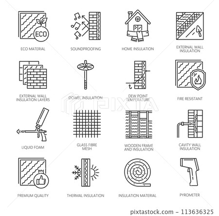 Wall thermal insulation icons. Mineral wool and tools for house building walls, floors and roof insulation. Vector line insulate panels, foam gun and rockwool roll, soundproof mats and dowel 113636325