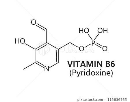 Vitamin B6 formula. Thin line chemical structure of pyridoxine, pyridoxamine or pyridoxal, vector food supplement, chemistry science and medicine. Vitamin B6 essential nutrient structural formula 113636335