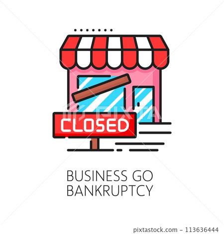 Business go bankruptcy color line icon, economic crisis and money loss, downturn symbol. Closed store, kiosk, or shop building. Isolated vector linear sign of financial distress, fail and bankruptcy Business go bankruptcy color line icon, economic crisis and money loss, downturn symbol. Closed store, kiosk, or shop building. Isolated vector linear sign of financial distress, fail and bankruptcy 113636444