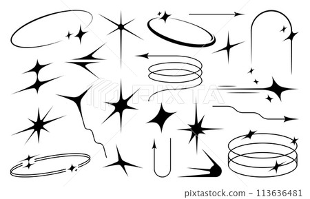 Aesthetic y2k elements, space star and sparkle figures. Vector linear sparks, arches, ovals, spiral, arrows in black color and retro tech futuristic vibes. Cosmic glamour, trendy, brutal simple shapes Aesthetic y2k elements, space star and sparkle figures. Vector linear sparks, arches, ovals, spiral, arrows in black color and retro tech futuristic vibes. Cosmic glamour, trendy, brutal simple shapes 113636481