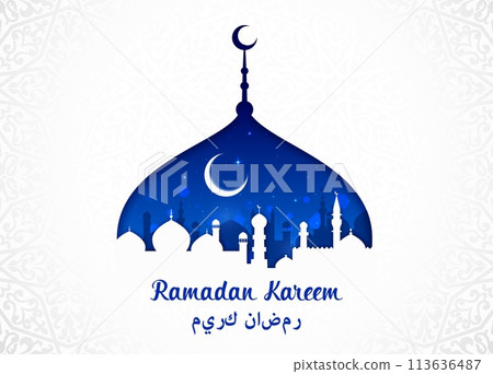Arabian mosque dome with crescent moon, Ramadan Kareem Eid Mubarak holiday greeting card. Vector festive religious banner for holy month celebration with arabic architecture under the night starry sky Arabian mosque dome with crescent moon, Ramadan Kareem Eid Mubarak holiday greeting card. Vector festive religious banner for holy month celebration with arabic architecture under the night starry sky 113636487