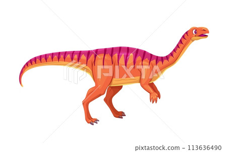 Cartoon Lufengosaurus dinosaur character. Isolated vector early Jurassic herbivorous dino, with a small head, long neck, and tail, possessing a bipedal stance. Prehistoric animal reptile personage Cartoon Lufengosaurus dinosaur character. Isolated vector early Jurassic herbivorous dino, with a small head, long neck, and tail, possessing a bipedal stance. Prehistoric animal reptile personage 113636490