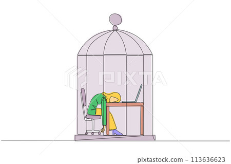 Single continuous line drawing Arabian businesswoman trapped in cage asleep on laptop. Tired of repetitive routines. The many deadlines require overtime every day. One line design vector illustration Single continuous line drawing Arabian businesswoman trapped in cage asleep on laptop. Tired of repetitive routines. The many deadlines require overtime every day. One line design vector illustration 113636623