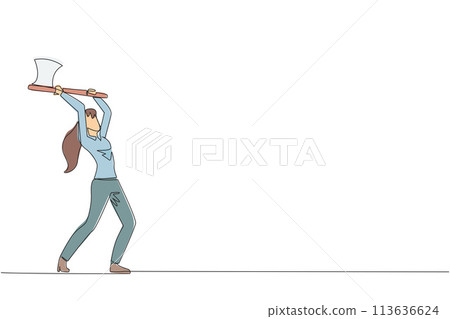Continuous one line drawing young businesswoman swinging an axe. Style like a lumberjack. Strong. Muscular. Powerful. Sports for physical health. Awareness. Single line draw design vector illustration 113636624