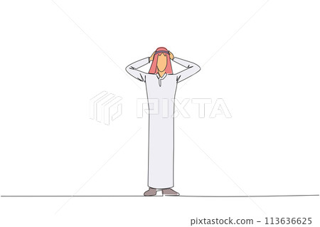Continuous one line drawing Arab businessman standing straight holding head with both hands. Gestures excited or surprised. Unusual facial expressions. Startled. Single line draw vector illustration Continuous one line drawing Arab businessman standing straight holding head with both hands. Gestures excited or surprised. Unusual facial expressions. Startled. Single line draw vector illustration 113636625