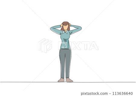 Single one line drawing businesswoman standing straight holding head with both hands. Gestures excited or surprised. Unusual facial expressions. Startled. Continuous line design graphic illustration 113636640