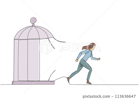Single continuous line drawing young businesswoman trapped in the cage running through the cage. Metaphor penetrates the maximum limit of self. Desire to succeed. One line design vector illustration 113636647