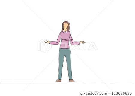 Single continuous line drawing businesswoman standing straight with open arms. Lonely and sadness businesswoman lamenting undeveloped business. Unhappy manager. One line design vector illustration Single continuous line drawing businesswoman standing straight with open arms. Lonely and sadness businesswoman lamenting undeveloped business. Unhappy manager. One line design vector illustration 113636656