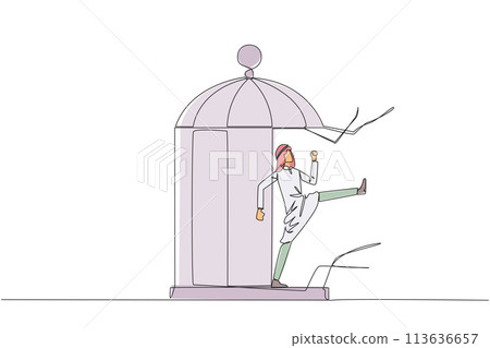 Single continuous line drawing Arab businessman trapped in cage kick the cage until wrecked. Freedom of expression for the smooth running of business. Distractions. One line design vector illustration Single continuous line drawing Arab businessman trapped in cage kick the cage until wrecked. Freedom of expression for the smooth running of business. Distractions. One line design vector illustration 113636657