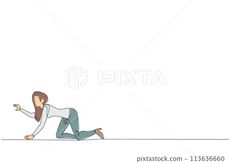 Single one line drawing young tired businesswoman. Trying to get up after being attacked by a pandemic. Starting from crawling, walking, then running fast. Continuous line design graphic illustration 113636660