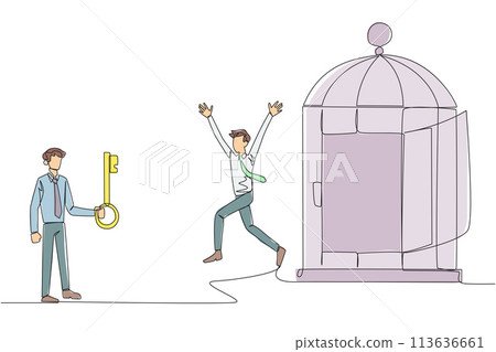 Single one line drawing businessman who was freed by colleagues from the trap of a cage. Teamwork metaphor. Growing business together. Great relationship. Continuous line design graphic illustration 113636661