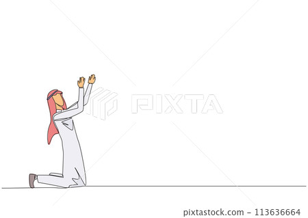 Single one line drawing Arabian businessman kneeling raising hands to pray. Praying to make it easier to do business. Businessman lost hope. Surrender. Continuous line design graphic illustration 113636664