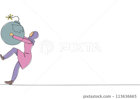 Continuous one line drawing Arabian businesswoman carrying bomb with burning fuse. Concept of keeping danger away from the business environment to survive. Single line draw design vector illustration Continuous one line drawing Arabian businesswoman carrying bomb with burning fuse. Concept of keeping danger away from the business environment to survive. Single line draw design vector illustration 113636665