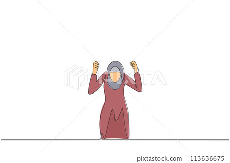 Single one line drawing Arabian businesswoman kneeling like praying. Lost hope. Businesses will bankrupt if fail to get bona fide clients. Gesture of surrender. Continuous line graphic illustration 113636675