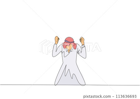 Single continuous line drawing Arab businessman kneeling like praying. Lost hope. Businesses will bankrupt if fail to get bona fide clients. Gesture of surrender. One line design vector illustration Single continuous line drawing Arab businessman kneeling like praying. Lost hope. Businesses will bankrupt if fail to get bona fide clients. Gesture of surrender. One line design vector illustration 113636693