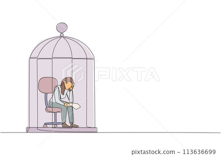 Single continuous line drawing businesswoman trapped in cage sitting pensively holding paper. Failed business. Read the bankruptcy statement. Frustration. Sad. One line design vector illustration 113636699