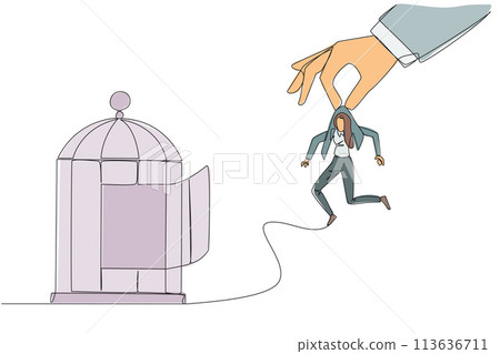 Single continuous line drawing big hands holding businesswoman and want put in a cage. Trapping roughly. Beating a business opponent by cheating. Unfair business. One line design vector illustration 113636711