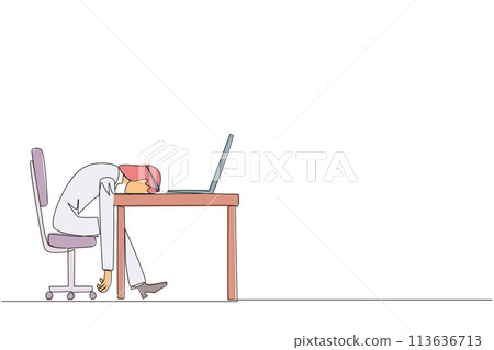Single continuous line drawing Arabian businessman fell asleep in front of a laptop computer. Fatigue running a business. Mental health problem. Exhausted. Bored. One line design vector illustration 113636713