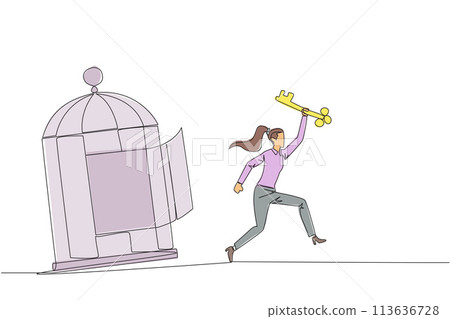 Single one line drawing businesswoman running out of the cage holding the key. Concept of freedom from something that binds. Freedom to advance business. Continuous line design graphic illustration Single one line drawing businesswoman running out of the cage holding the key. Concept of freedom from something that binds. Freedom to advance business. Continuous line design graphic illustration 113636728