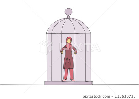 Single continuous line drawing Arabian businesswoman trapped in cage standing hold the iron bars. Imprisoned body and mind. Limited opportunity. Feeling exhausted. One line design vector illustration 113636733