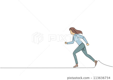 Single continuous line drawing young businesswoman doing light exercise. Running aims to maintain heart health. Businesswoman with healthy life style. Good mental. One line design vector illustration 113636734