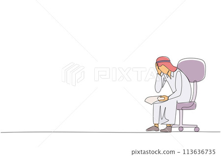 Single continuous line drawing sad Arab businessman sat limply in chair. Pensively holding a piece of bill paper. The large of receivables, business will collapse. One line design vector illustration 113636735