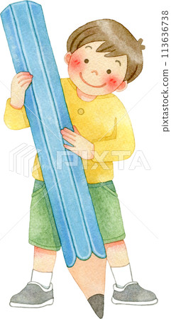 一個男孩用大鉛筆的水彩插圖 113636738