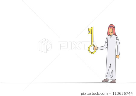 Continuous one line drawing Arabian businessman holding key. Important key to increasing profits has been secured. Ready to become important inheritance. Single line draw design vector illustration Continuous one line drawing Arabian businessman holding key. Important key to increasing profits has been secured. Ready to become important inheritance. Single line draw design vector illustration 113636744