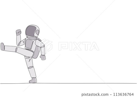 Single continuous line drawing astronaut doing kicking motion. Stretch before office hours start. A healthy way to stay focused on doing business. Disciplined. One line design vector illustration 113636764
