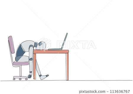 Single one line drawing robot fell asleep in front of laptop computer. Fatigue running business. Mental health problem. Exhausted and bored. AI technology. Continuous line design graphic illustration Single one line drawing robot fell asleep in front of laptop computer. Fatigue running business. Mental health problem. Exhausted and bored. AI technology. Continuous line design graphic illustration 113636767
