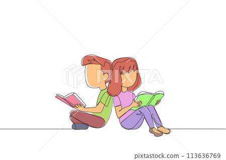 Continuous one line drawing kids sitting reading book. The new hobby of reading books helps to relax. One book one day. Good habits. Book festival concept. Single line draw design vector illustration Continuous one line drawing kids sitting reading book. The new hobby of reading books helps to relax. One book one day. Good habits. Book festival concept. Single line draw design vector illustration 113636769