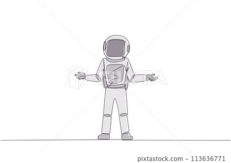 Continuous one line drawing young astronaut standing straight with open arms. Lonely and sadness astronaut lamenting undeveloped business. Unhappy manager. Single line draw design vector illustration 113636771