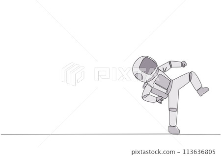 Continuous one line drawing young astronaut doing taekwondo movements. Kicking motion. Strong legs. Keeping business with sport. Keep healthy stay strong. Single line draw design vector illustration 113636805