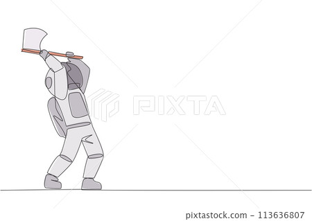 Single one line drawing young young astronaut swinging an axe. Style like a lumberjack. Strong. Muscular. Powerful. Sports for physical health. Awareness. Continuous line design graphic illustration Single one line drawing young young astronaut swinging an axe. Style like a lumberjack. Strong. Muscular. Powerful. Sports for physical health. Awareness. Continuous line design graphic illustration 113636807