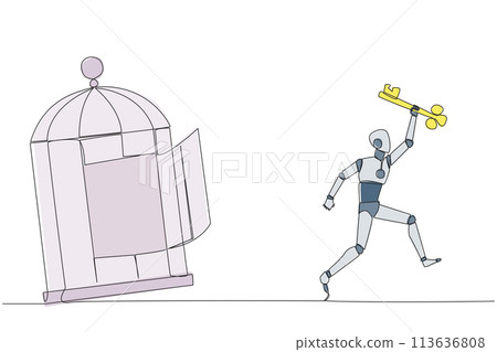 Single continuous line drawing smart robot running out of the cage holding the key. Concept of freedom from something that binds. Freedom to advance business. One line design vector illustration Single continuous line drawing smart robot running out of the cage holding the key. Concept of freedom from something that binds. Freedom to advance business. One line design vector illustration 113636808